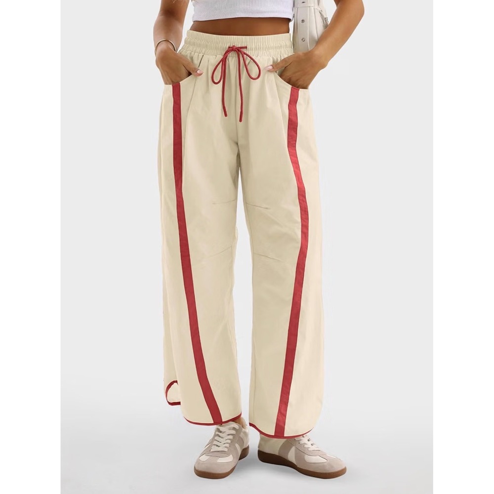 Cream Red Side Stripe Wide Leg Retro Sport Baggy Track Pants NWT XXL
